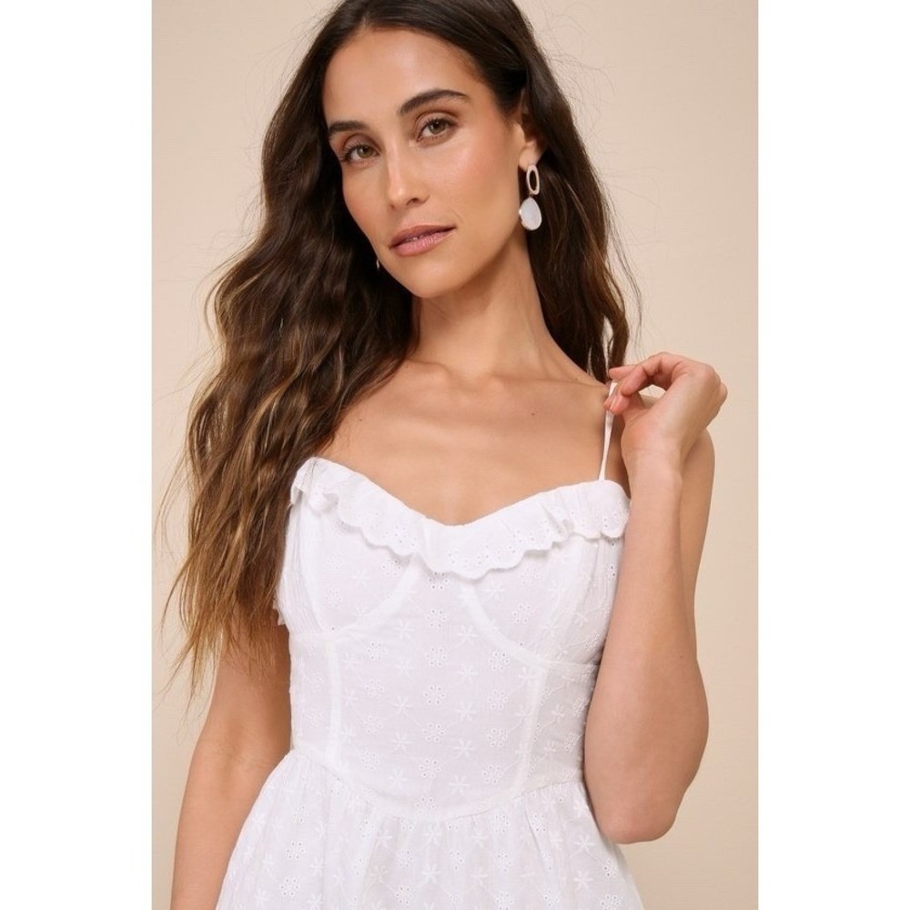 Lulus Lovely Weather White Eyelet Midi Dress L Bustier Embroidered Sundress NWT - Picture 2 of 16
